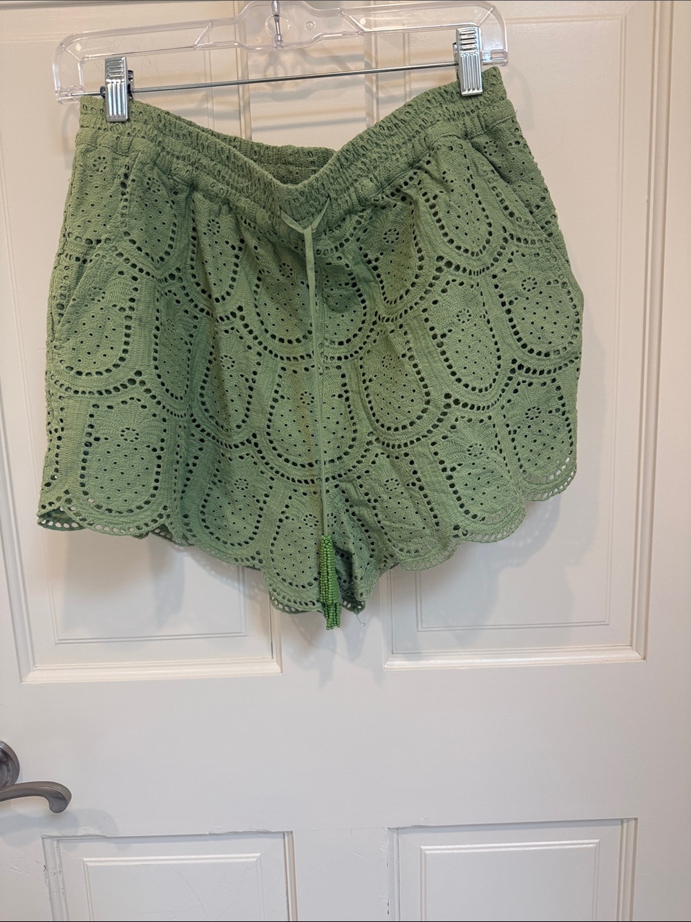 FARM Rio Sage Green Eyelet High-Waist Drawstring Shorts